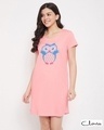 Shop Owl Print Short Night Dress In Baby Pink   100% Cotton-Front