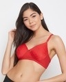 Shop Padded Non Wired Full Cup Heart Print T-Shirt Bra In Red-Front