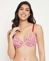 Shop Padded Underwired Demi Cup Floral Print Plunge Bra In Red-Front