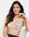Shop Padded Underwired Demi Cup Printed Bra In Beige-Front