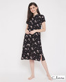 Shop Pretty Florals Mid Length Night Dress With Side Slits In Black   Rayon-Front