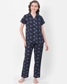 Shop Print Me Pretty Button Me Up Shirt & Pyjama In Navy  Crepe-Front