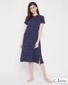 Shop Print Me Pretty Mid Length Night Dress With Side Slits In Navy   Rayon-Front