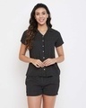 Shop Sassy Stripes Button Me Up Shirt & Shorts With Knotted Hairband In Black-Front