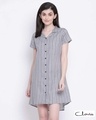 Shop Sassy Stripes Button Me Up Short Night Dress In Grey-Front