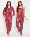 Shop Sassy Stripes Top, Pyjama & Robe Set In Maroon-Front