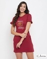 Shop Text & Heart Print Short Night Dress In Maroon   Cotton Rich-Front