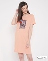 Shop Text Print Short Night Dress In Peach   100% Cotton-Front