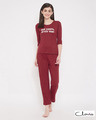 Shop Text Print Top & Pyjama In Maroon   Cotton Rich-Front