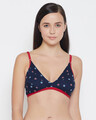 Shop Non Padded Non Wired Demi Cup Star Print Plunge Bra In Blue   100% Cotton-Front