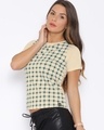 Shop Women's Beige Checkered Regular Fit T-shirt-Design