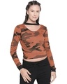 Shop Women's Brown Abstract Slim Fit T-shirt-Front
