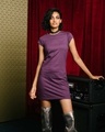 Shop Deep Purple Cap Sleeve Plain T-Shirt Dress-Front