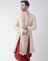 Shop Dupion Silk Beige Knee Length Full Sleeve Regular Fit Printed Kurta For Men-Front