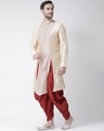Shop Dupion Silk Beige Knee Length Full Sleeve Regular Fit Printed Kurta For Men-Design