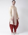 Shop Dupion Silk Beige Knee Length Full Sleeve Regular Fit Printed Kurta For Men-Full
