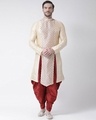 Shop Dupion Silk Beige Knee Length Full Sleeve Regular Fit Printed Kurta For Men