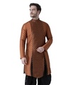 Shop Dupion Silk Copper Knee Length Full Sleeve Regular Fit Printed Kurta For Men-Front