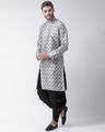 Shop Dupion Silk Grey Knee Length Full Sleeve Regular Fit Printed Ethnic Wear For Men-Full