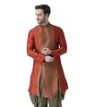 Shop Dupion Silk Orange Knee Length Full Sleeve Regular Fit Printed Kurta For Men-Front