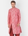 Shop Dupion Silk Peach Knee Length Full Sleeve Regular Fit Printed Ethnic Wear For Men-Front