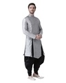 Shop Dupion Silk Silver Knee Length Full Sleeve Regular Fit Printed Kurta For Men-Full