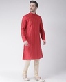 Shop Silk Blend Knee Length Red Color Full Sleeve Regular Fit Straight Kurta For Men-Full