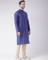 Shop Silk Blend Knee Length Royal Blue Color Full Sleeve Regular Fit Straight Kurta For Men-Full