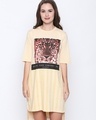 Shop Beige Cotton Animal Print Half Sleeve Dress For Women-Front