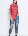 Shop Coral&Navy Cotton Fabric Checkered Regular Fit Shirt For Women