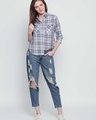 Shop Grey/Purple Cotton Material Checkered Regular Fit Shirt For Women-Full