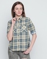 Shop Off White N Turquoise Cotton Fabric Checkered Regular Fit Shirt-Front