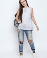 Shop White Melange Cotton Viscose Blend Graphic Print Sleeveless T Shirt For Women