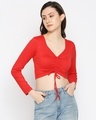 Shop Women's Long Sleeve Solid Red Drawstring Crop Top-Front