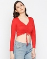 Shop Women's Long Sleeve Solid Red Drawstring Crop Top-Full