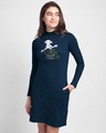 Shop Dobby High Neck Pocket Dress Navy Blue (HPL) (Gold Print)-Front
