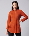 Shop Women's Orange Double Standard Wide Collared Long Jacket-Front
