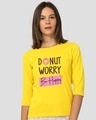 Shop Women's Yellow Donut Worry 3/4 Sleeve Typography Slim Fit T-shirt-Front