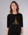 Shop Eiffel Belle Round Neck 3/4th Sleeve T-Shirt (GOLD PRINT)-Front