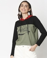 Shop Women's Black & Green Enjoy Coca-Cola Color Block Hoodie Short Top-Front