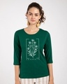 Shop Euphoria Flowers Round Neck 3/4th Sleeve T-Shirt - Dark Forest Green-Front