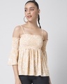 Shop Beige White Abstract Smocked Strappy Top-Front