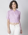Shop Lilac Striped Puff Sleeve Collared Wrap Top-Front