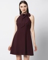 Shop Wine Halter Bow Skater Dress-Front