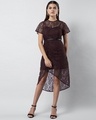 Shop Wine Lace Ruched Midi Dress With Leather Belt-Front