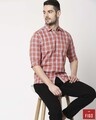Shop Men's Coral Pink Slim Fit Casual Check Shirt-Front