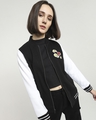 Shop Women's Black & White Food Pop Badge Color Block Varsity Bomber Jacket-Front