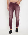 Shop Wine Knee Ripped Slim Fit Denim-Front