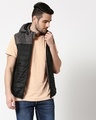 Shop Men's Grey & Black Color Block Puffer Jacket With Detachable Hoodie-Front