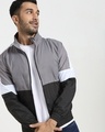 Shop Men's Grey & Black Color Block Windcheater Jacket-Front